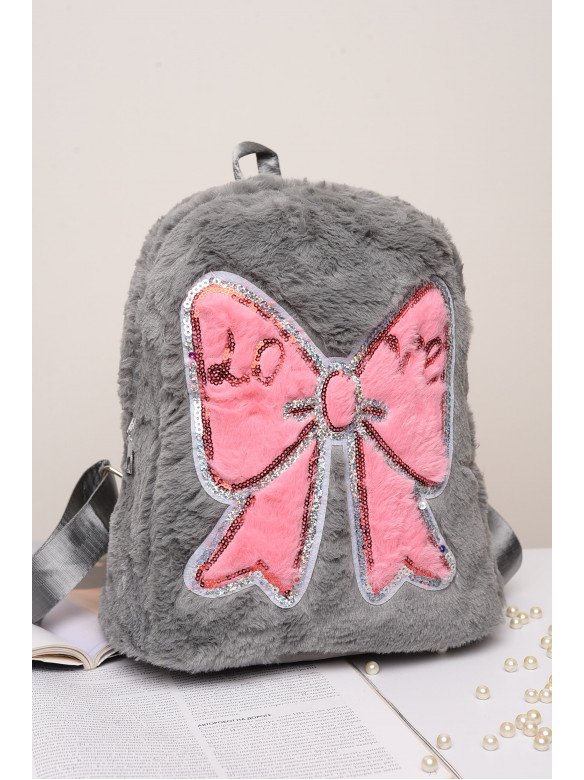 Рюкзак меховой детский с бантом серый 3640 150062C