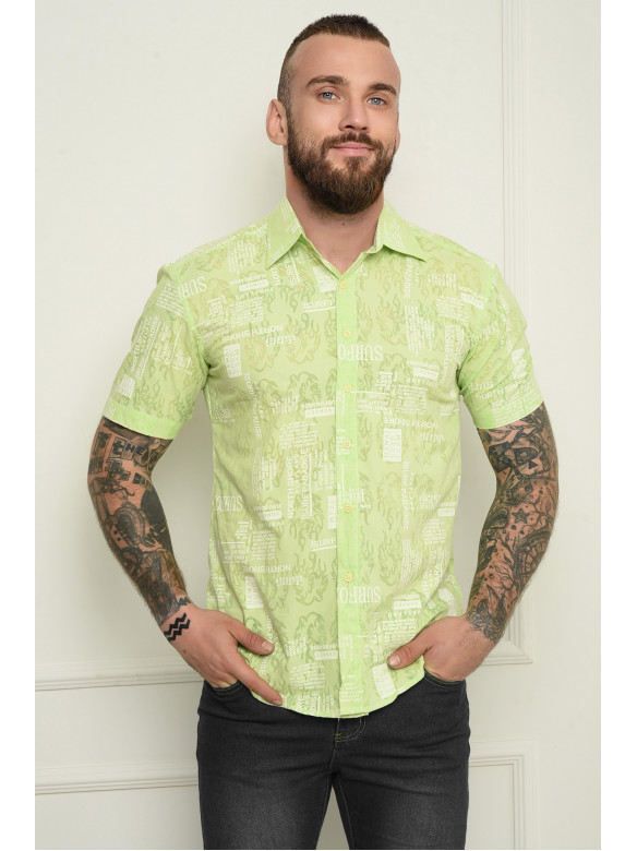 Рубашка мужская зеленая с надписями летняя 151255C