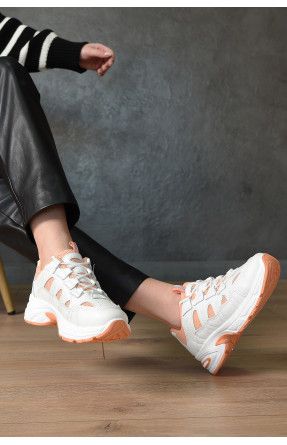 Кросівки жіночі білого кольору з помаранчевими вставками на шнурівці 93-2 153015C