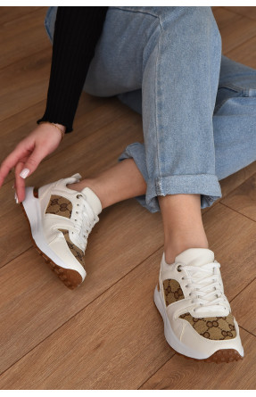 Кросівки жіночі білого кольору з коричневими вставками на шнурівці 227 155420C
