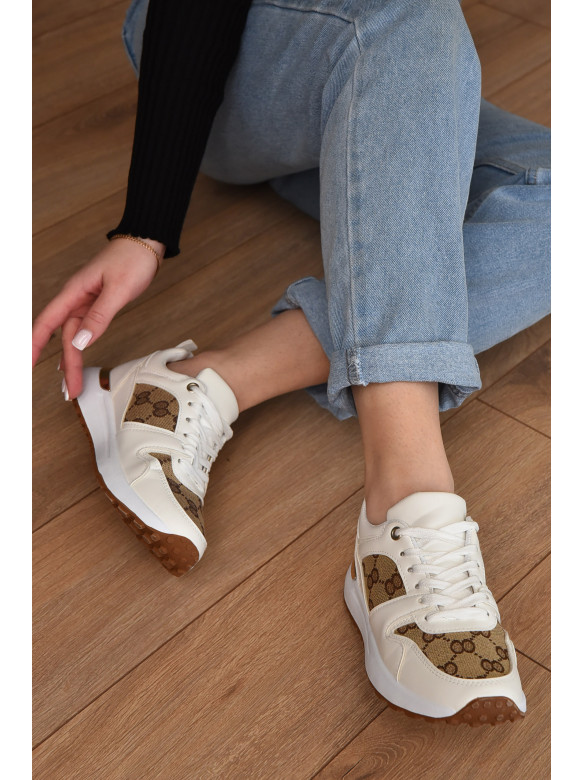 Кросівки жіночі білого кольору з коричневими вставками на шнурівці 227 155420C