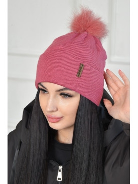 Шапка женская весна - осень розового цвета с бубоном 163783C
