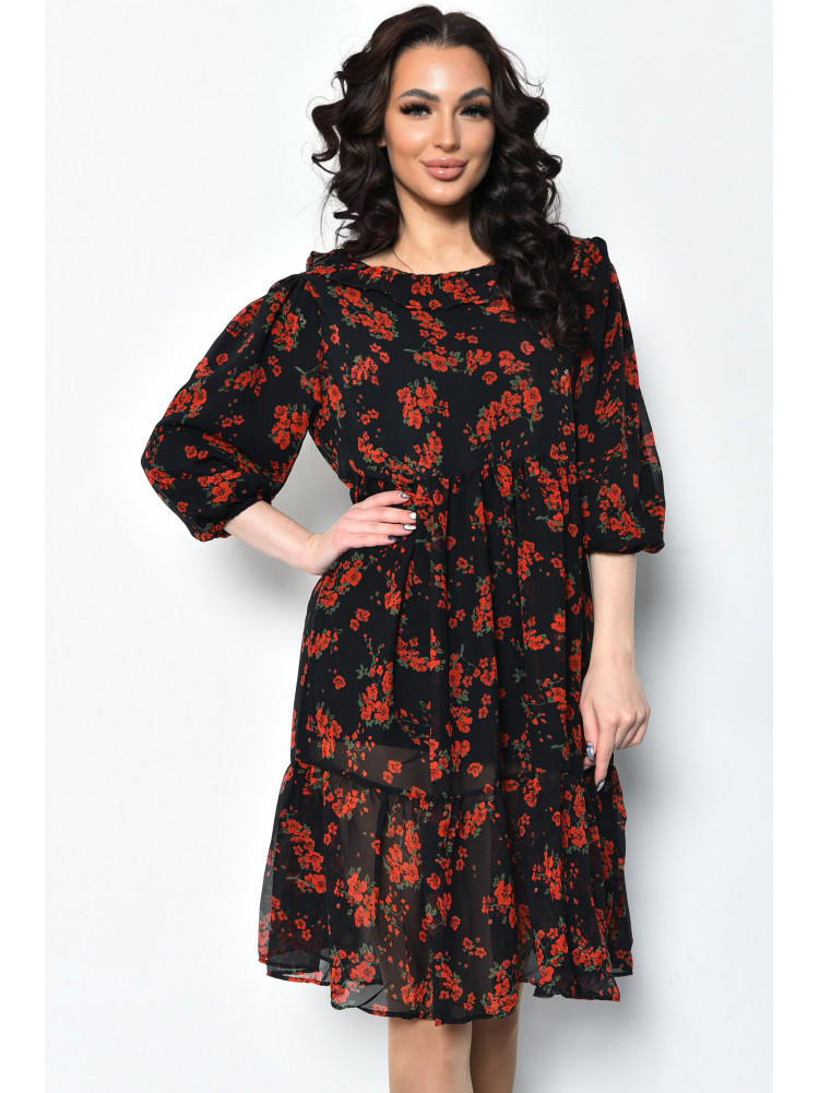 Платье женское шифоновое черного цвета с красными цветами 7033 171607C