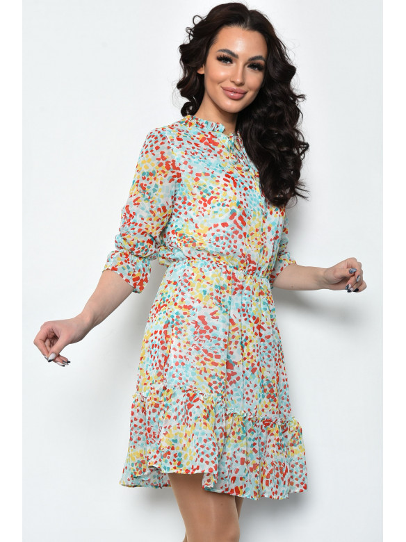Платье женское шифоновое бирюзового цвета с разноцветными узорами 2008 171634C