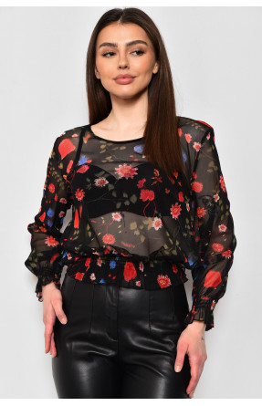 Блуза женская в сеточку с принтом черного цвета 173779C