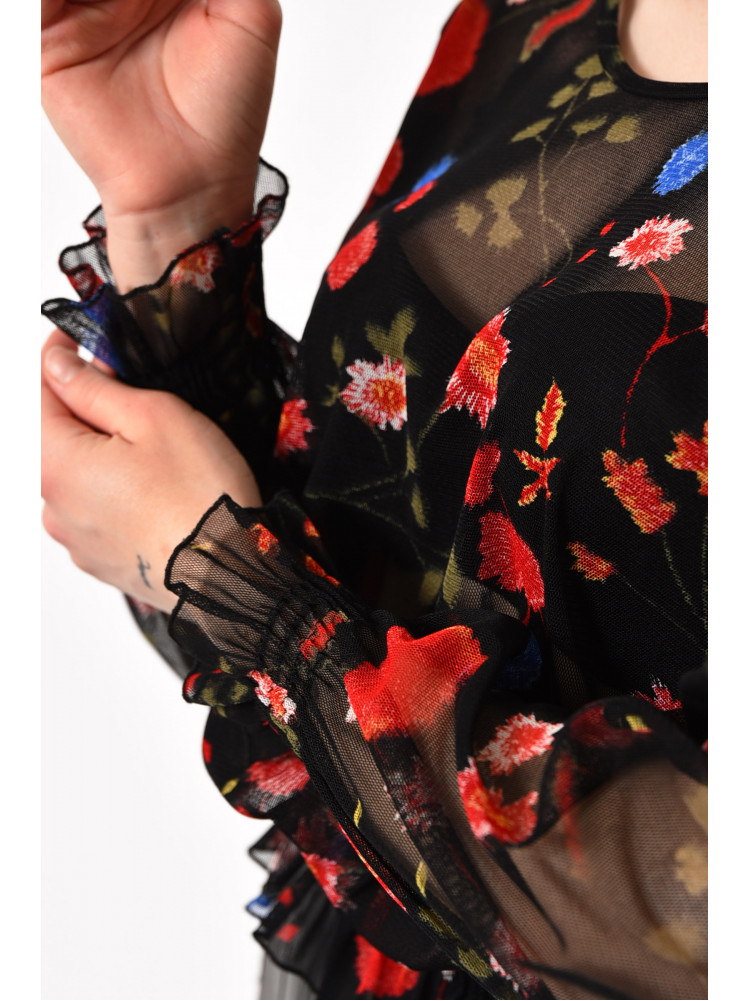 Блуза женская в сеточку с принтом черного цвета 173779C