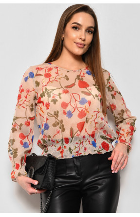 Блуза женская в сеточку с принтом бежевого цвета 173815C