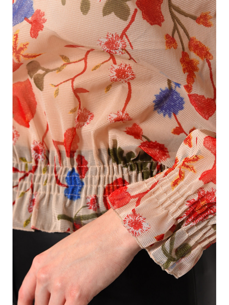Блуза жіноча в сіточку з принтом бежевого кольору 173815C