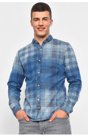 Рубашка мужская батальная джинсовая синего цвета в клеточку 083 175378C