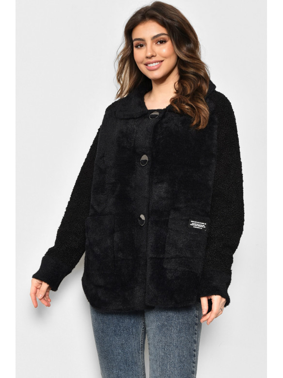 Пальто женское полубатальное из альпаки черного цвета 6631 175890C