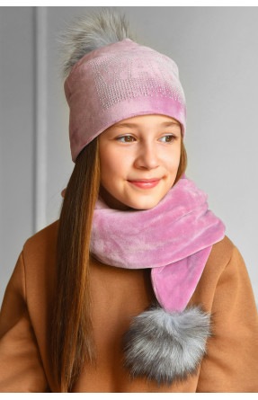 Набір шапка+шарф підлітковий для дівчинки велюровий рожевого кольору 218 182960C