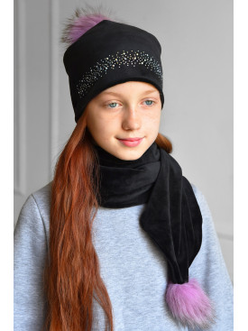 Набор шапка+шарф подростковый для девочки велюровый  черного цвета 222 182964C