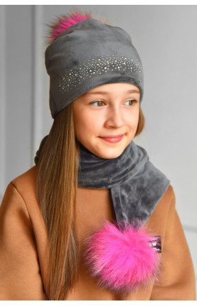 Набір шапка+шарф підлітковий для дівчинки велюровий сірого кольору 264 183027C