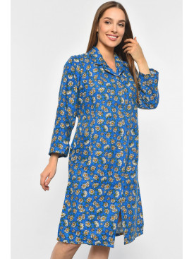 Халат женский байковый батальный синего цвета с цветочным принтом 190285C