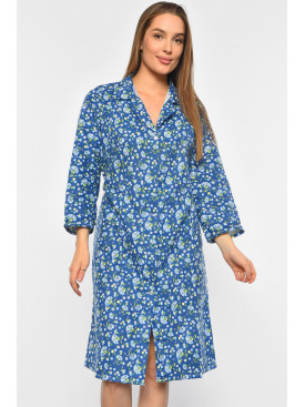 Халат женский байковый батальный синего цвета с цветочным принтом 190289C Халат женский байковый батальный синего цвета с цветочным принтом 190289C
