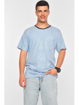 Футболка мужская батальная голубого цвета в полоску А-422 200189C Футболка мужская батальная голубого цвета в полоску А-422 200189C