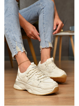 Кроссовки женские молочного цвета на шнуровке 1818-3 205175C