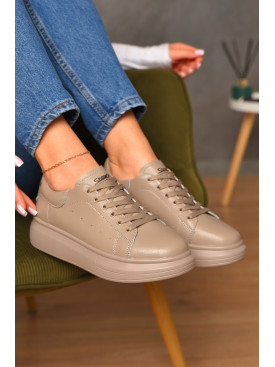 Кроссовки женские натуральная кожа темно-бежевого цвета на шнуровке 329-36 206191C