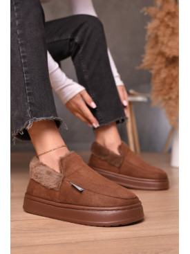 Тапочки домашние женские на меху коричневого цвета 9819-2 206239C