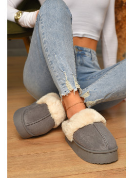 Домашние тапочки женские на меху темно-серого цвета WF6027 206331C Домашние тапочки женские на меху темно-серого цвета WF6027 206331C