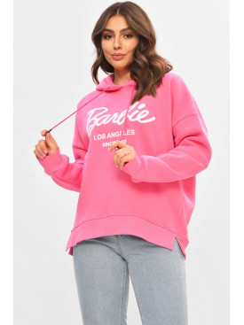 Худи женское полубатальное на флисе розового цвета с принтом 707 206916C Худи женское полубатальное на флисе розового цвета с принтом 707 206916C