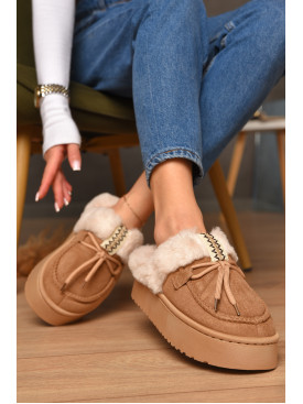 Домашние тапочки женские на меху бежевого цвета А-5145 207042C