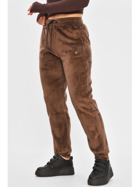 Спортивні штани жіночі на штучному хутрі темно-коричневого кольору В502 207339C Спортивні штани жіночі на штучному хутрі темно-коричневого кольору В502 207339C