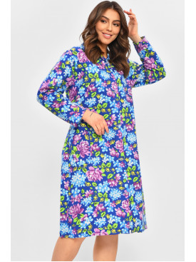 Халат женский байковый батальный синего цвета с цветочным принтом 207381C Халат женский байковый батальный синего цвета с цветочным принтом 207381C