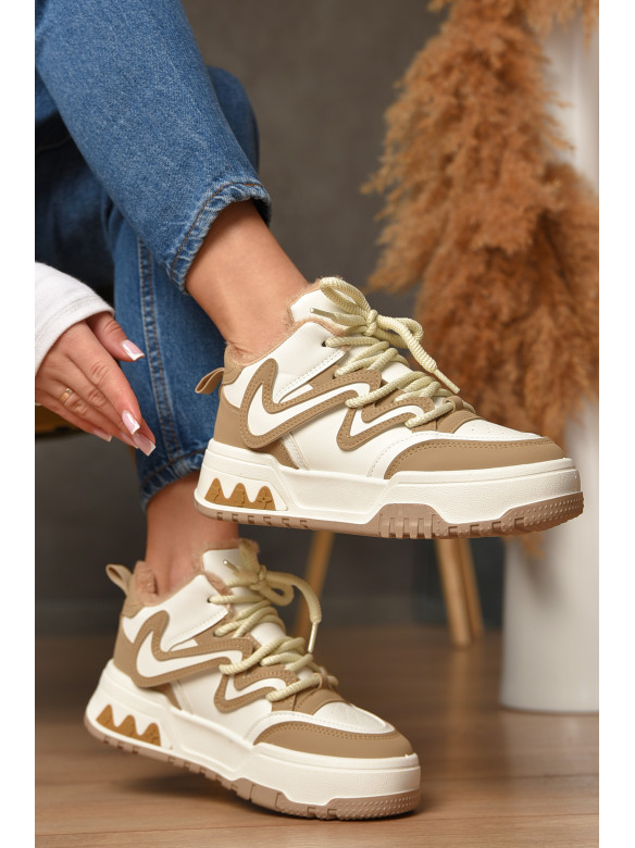 Кроссовки женские бело-бежевого цвета на меху К906-1 207640C