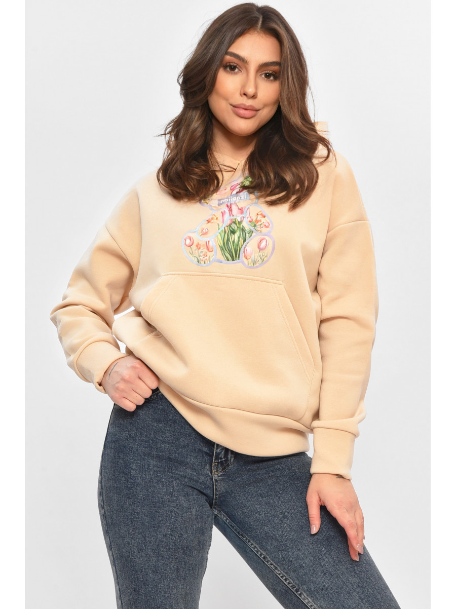 Худі жіноче на флісі бежевого кольору з принтом 1378 207747C
