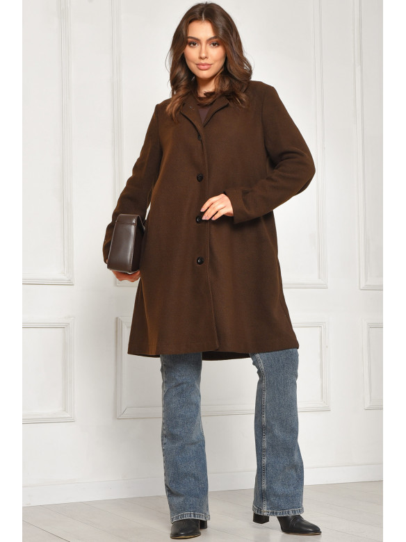 Пальто жіноче демісезонне батальне темно-коричневого кольору 8397 207789C