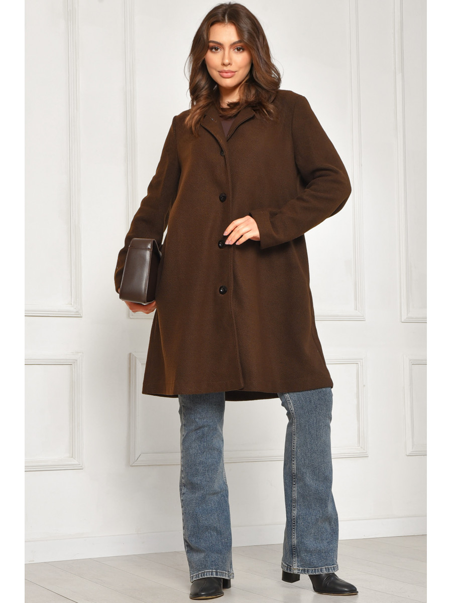 Пальто жіноче демісезонне батальне темно-коричневого кольору 8397 207789C