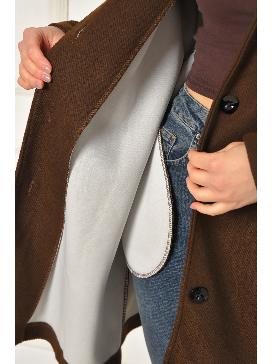 Пальто жіноче демісезонне батальне темно-коричневого кольору 8397 207789C