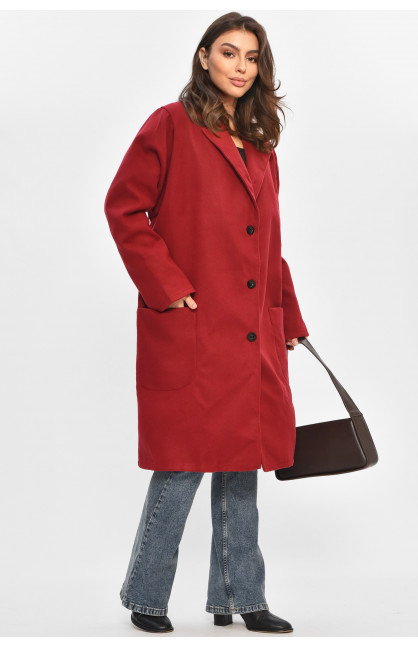 Пальто женское демисезонное батальное бордового цвета 8266 207796C