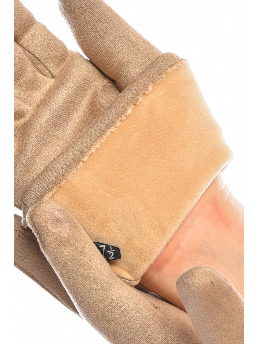 Рукавички жіночі замшеві на штучному хутрі сенсорні світло-бежевого кольору. 2-32 207999C