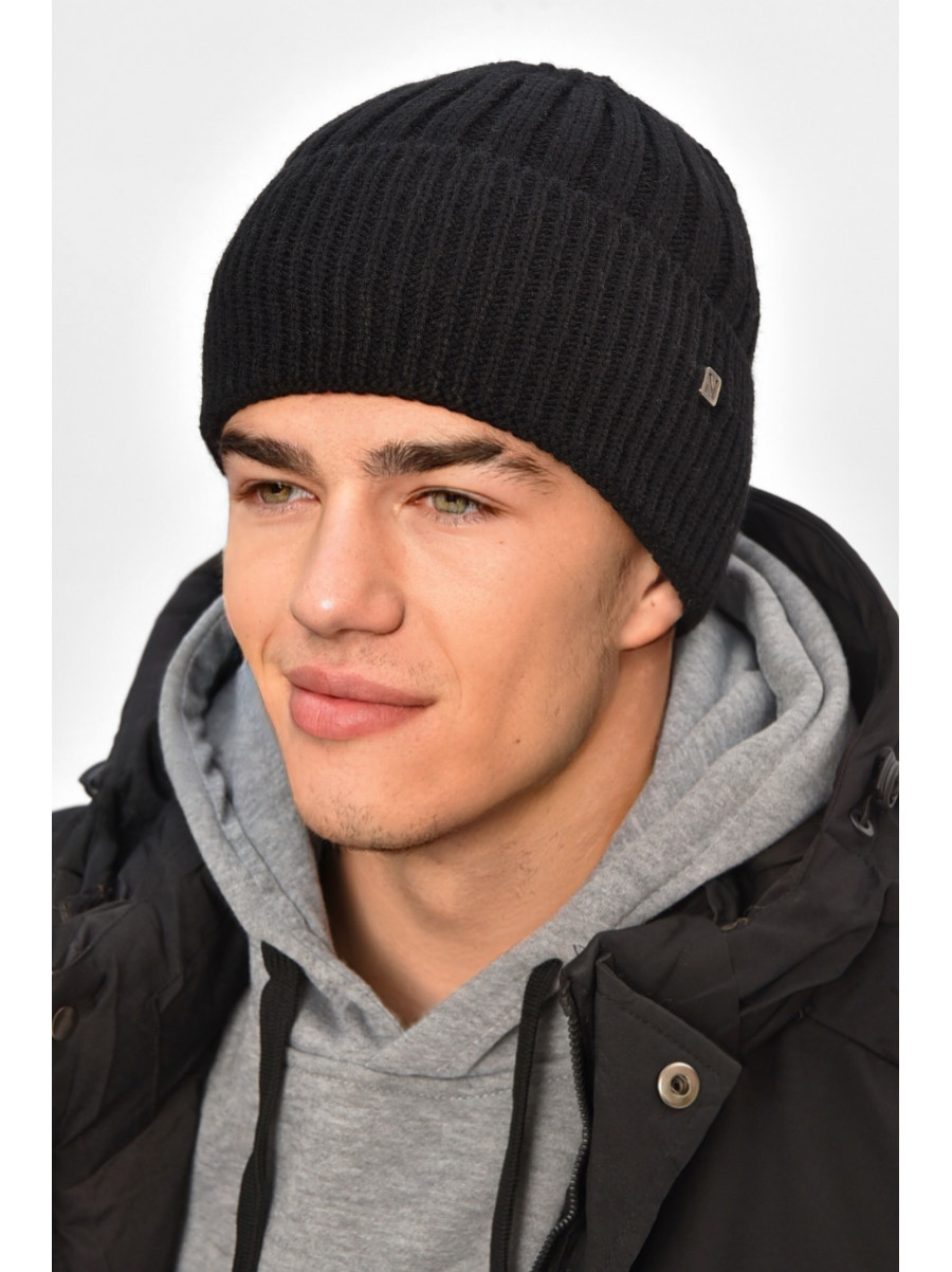 Шапка мужская на флисе черного цвета 208059C