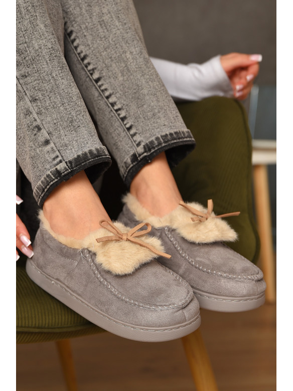 Домашние тапочки женские на меху серого цвета 10154 208065C