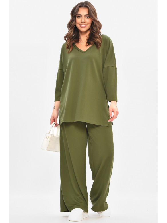 Костюм жіночий однотонний темно-зеленого кольору 208164C