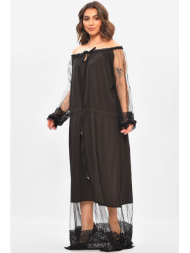 Сукня жіноча однотонна батальна чорного кольору 8242 208184C Сукня жіноча однотонна батальна чорного кольору 8242 208184C