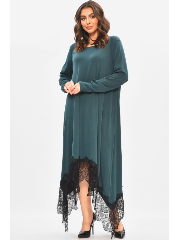Сукня жіноча однотонна батальна темно-зеленого кольору 8292 208186C