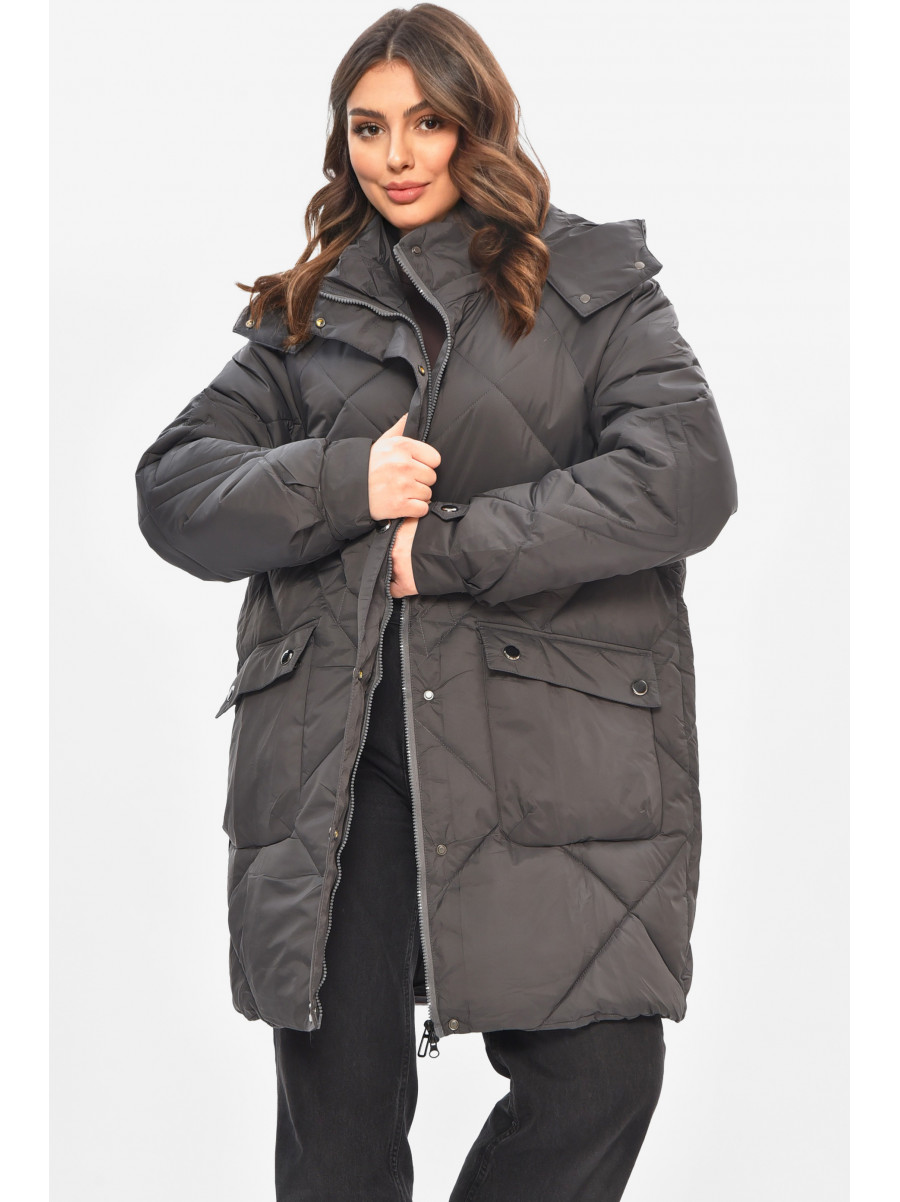 Куртка жіноча демісезонна напівбатальна темно-сірого кольору 2022-50 208201C
