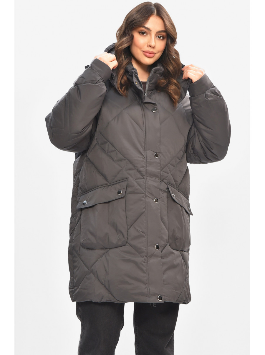 Куртка жіноча демісезонна напівбатальна темно-сірого кольору 2022-50 208201C