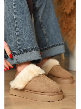Тапочки домашние женские меховые бежевого цвета WF-6028 208282C