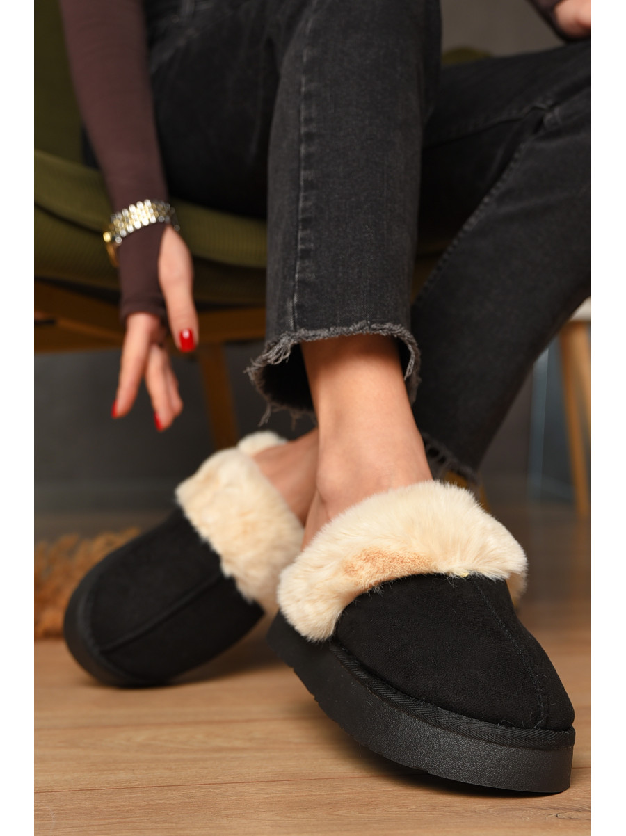 Тапочки домашние женские меховые черного цвета WF-6028 208287C