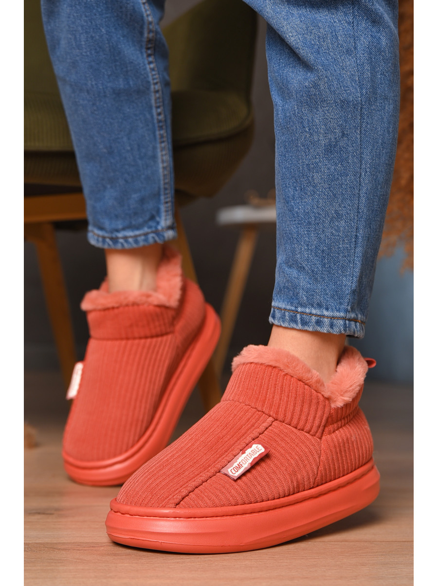 Домашні капці жіночі на хутрі коралового кольору 1592-11 208362C