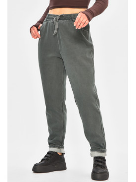 Джинси жіночі однотонні на флісі темно-зеленого кольору А4112-1 208379C Джинси жіночі однотонні на флісі темно-зеленого кольору А4112-1 208379C