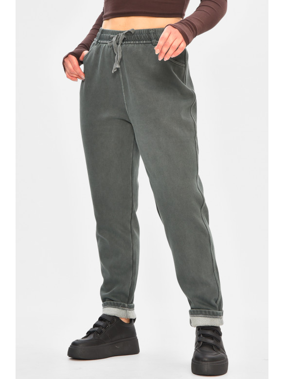 Джинси жіночі однотонні на флісі темно-зеленого кольору А4112-1 208379C