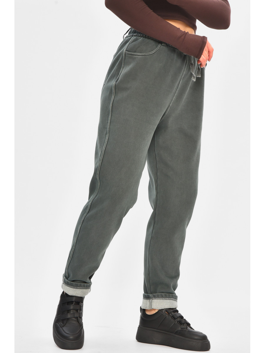 Джинси жіночі однотонні на флісі темно-зеленого кольору А4112-1 208379C