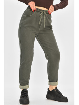 Штани жіночі однотонні на флісі темно-зеленого кольору А4111-3 208396C