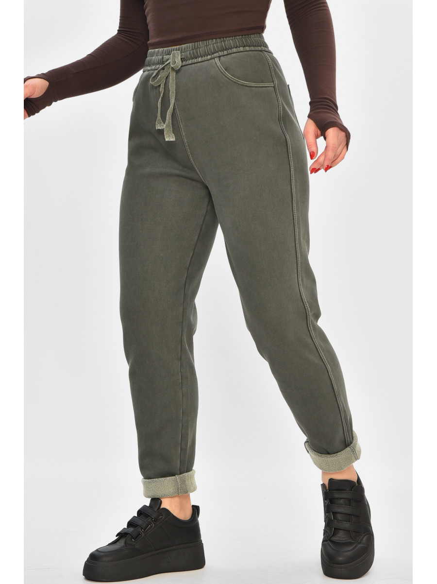 Штани жіночі однотонні на флісі темно-зеленого кольору А4111-3 208396C